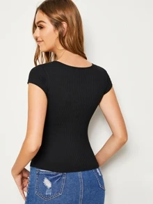 SHEIN Essnce Áo thun Nút phía trước màu trơn màu đen Casual - màu đen - Xem 3