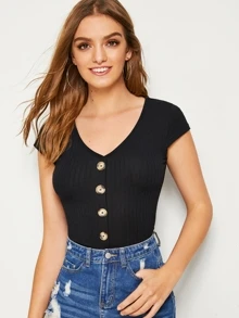 SHEIN Essnce Áo thun Nút phía trước màu trơn màu đen Casual - màu đen - Xem 2