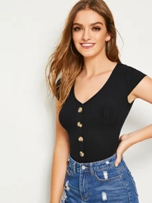 SHEIN Essnce Áo thun Nút phía trước màu trơn màu đen Casual - màu đen - Xem 5