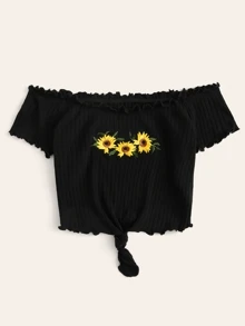 SHEIN EZwear Embroidered Sunflower Lettuce Trim Rib-knit Bardot Top - Black - View 3