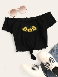 SHEIN EZwear Embroidered Sunflower Lettuce Trim Rib-knit Bardot Top - Black - View 1