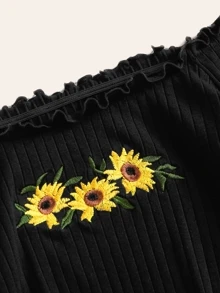 SHEIN EZwear Embroidered Sunflower Lettuce Trim Rib-knit Bardot Top - Black - View 4