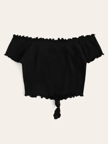 SHEIN EZwear Embroidered Sunflower Lettuce Trim Rib-knit Bardot Top - Black - View 2