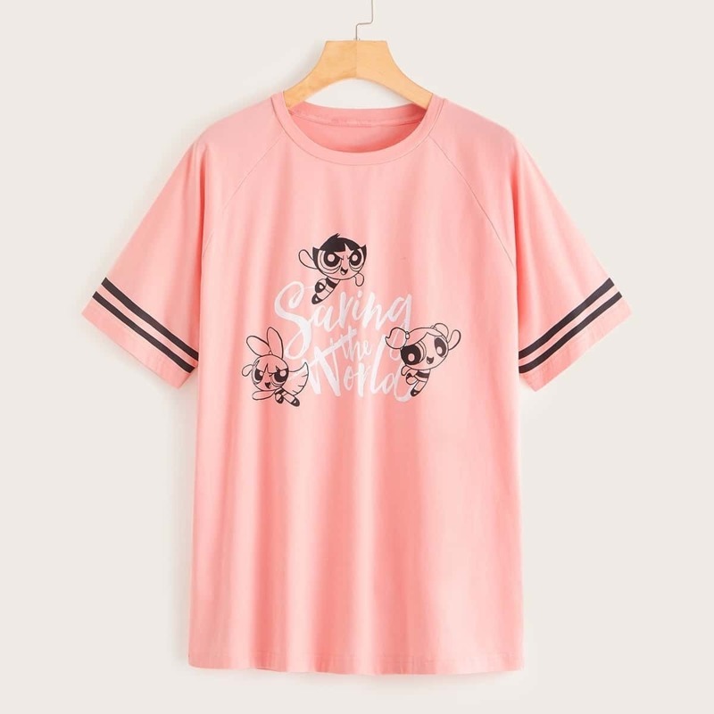 

Powerpuff Girls x ROMWE Varsity Striped Cartoon & Letter Print Tee, Pink