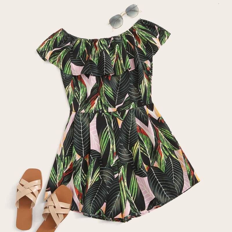 

Leaf Print Ruffle Trim Off Shoulder Playsuit, Multicolor