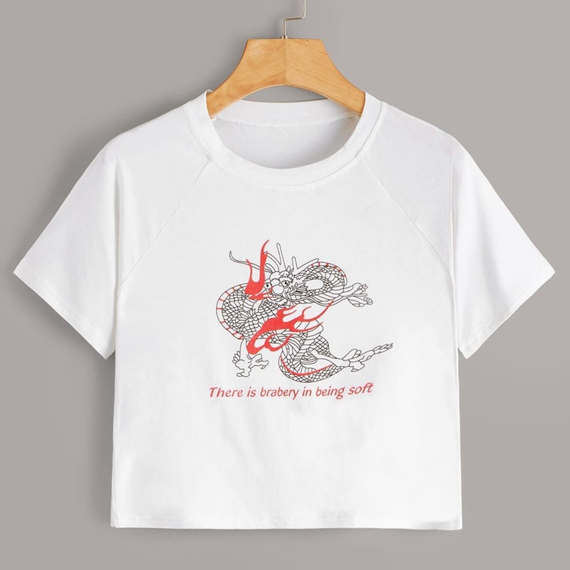 

Dragon & Letter Print Crop Tee, White