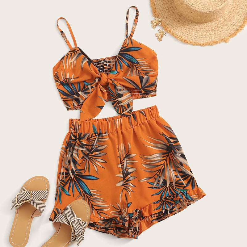 

Tropical Tie Front Shirred Cami Top With Ruffle Hem Shorts, Multicolor