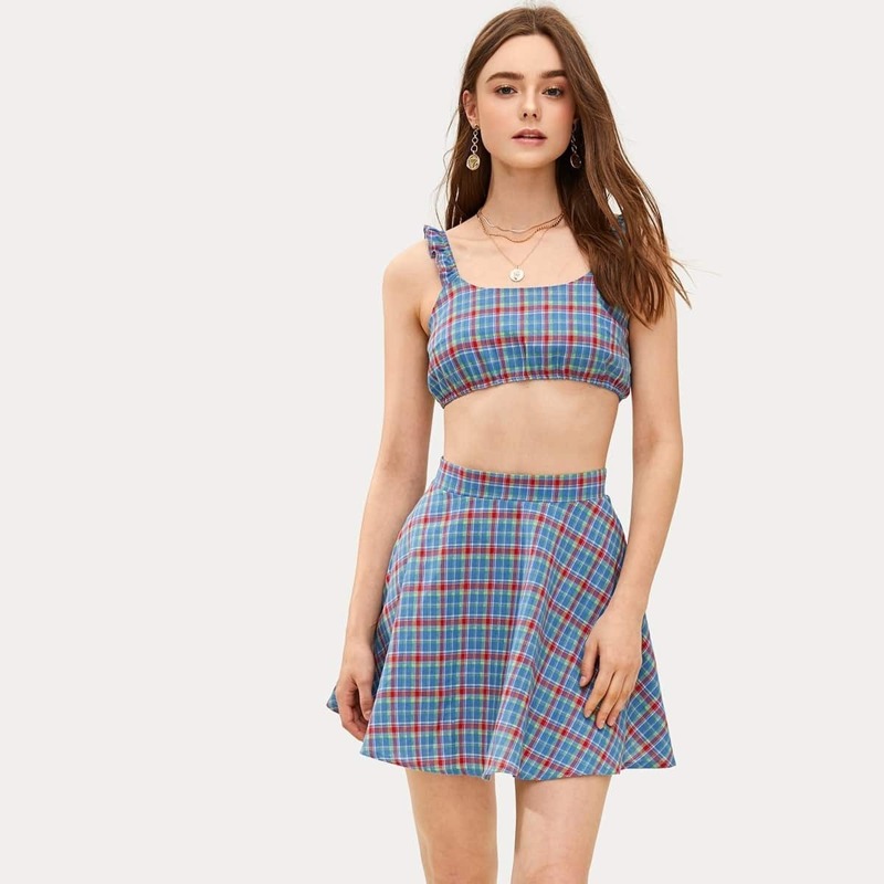

Plaid Print Frill Crop Top With Skirt, Multicolor