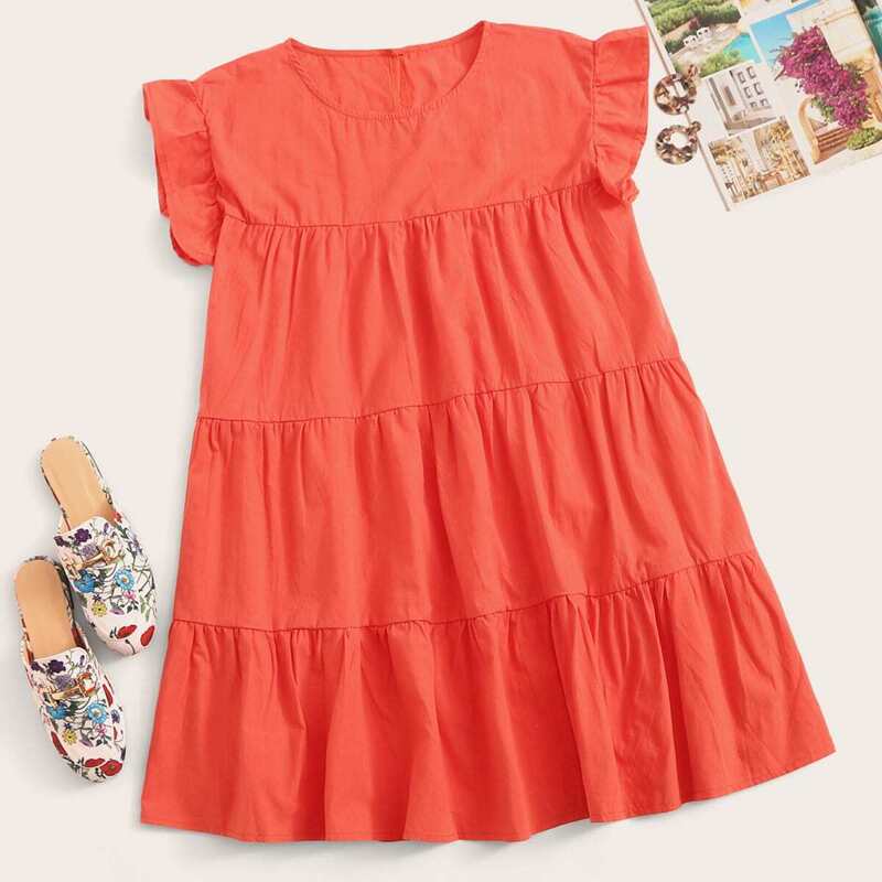 

Ruffle Hem Solid Smock Dress, Red bright