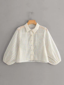 Floral Print Sheer Mesh Shirt - Beige - View 1