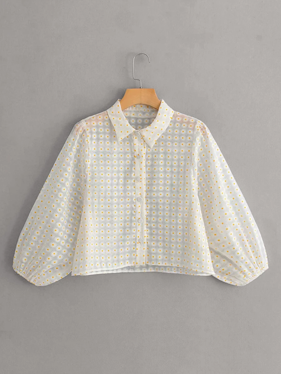 Floral Print Sheer Mesh Shirt - Beige - View 1