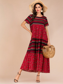 Floral Print Colorful Stripe Dress