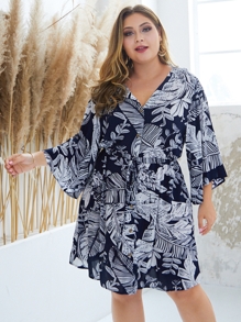 Plus Plants Print Button Front Drawstring Dress