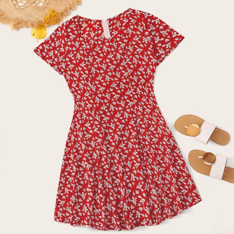 

Ditsy Floral Square Neck Zipper Back Dress, Red