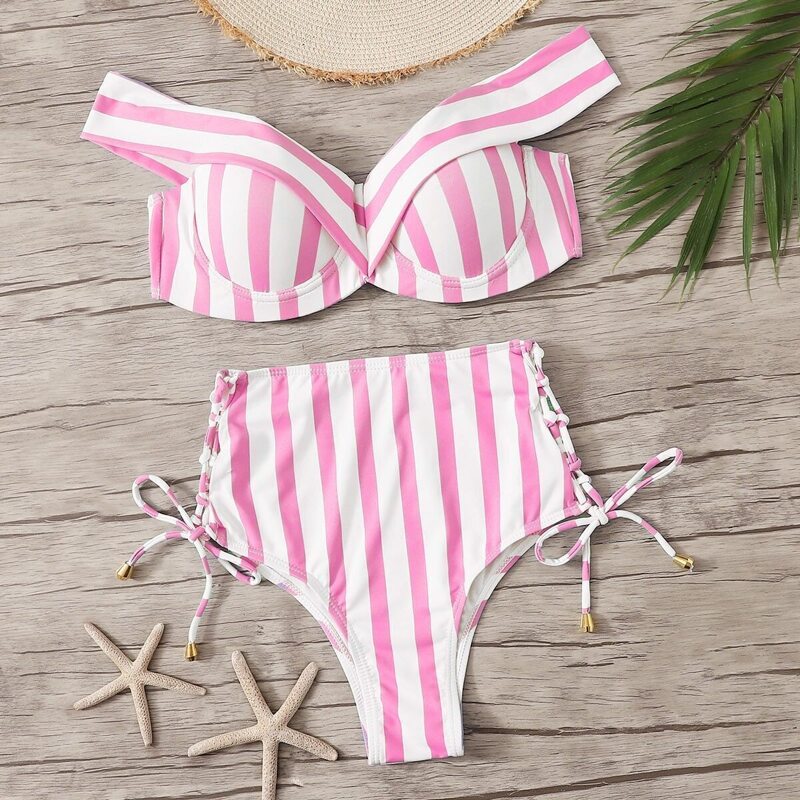 

Striped Underwire Top With Lace Up Bikini Set, Pink