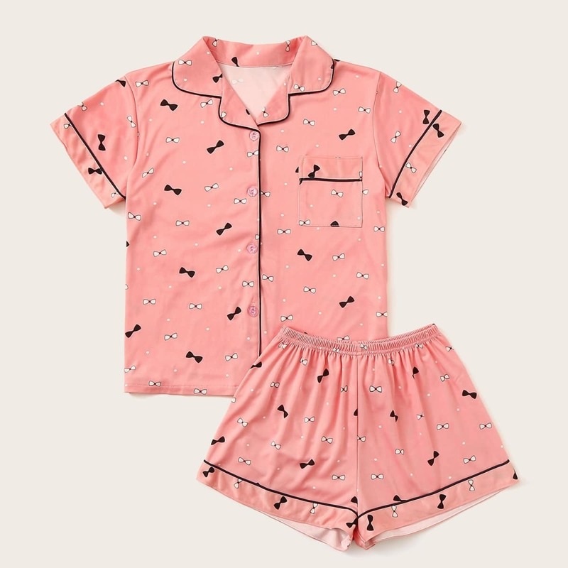 

Bow Print Button-up Pajama Set, Pink