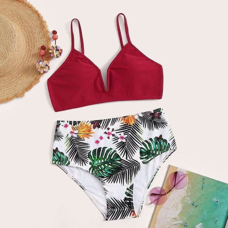 

Criss Cross Top With Tropical Bikini Set, Multicolor