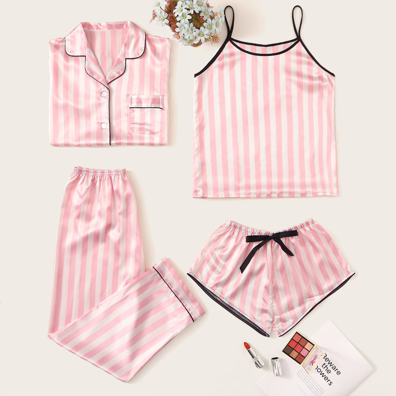

4pcs Striped Satin Pajama Set, Pink