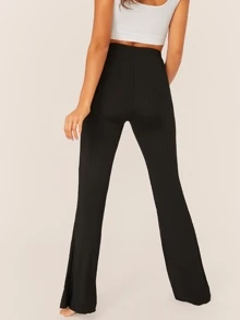 SHEIN Solid Rib-knit Flare Leg Trousers - Black - View 2