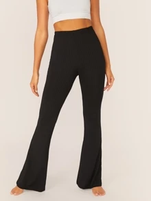 SHEIN Solid Rib-knit Flare Leg Trousers - Black - View 1