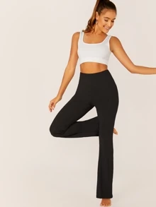 SHEIN Solid Rib-knit Flare Leg Trousers - Black - View 5