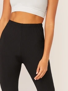 SHEIN Solid Rib-knit Flare Leg Trousers - Black - View 4