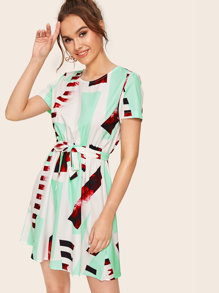 Random Geo Print Gathered Waist Belted Dress