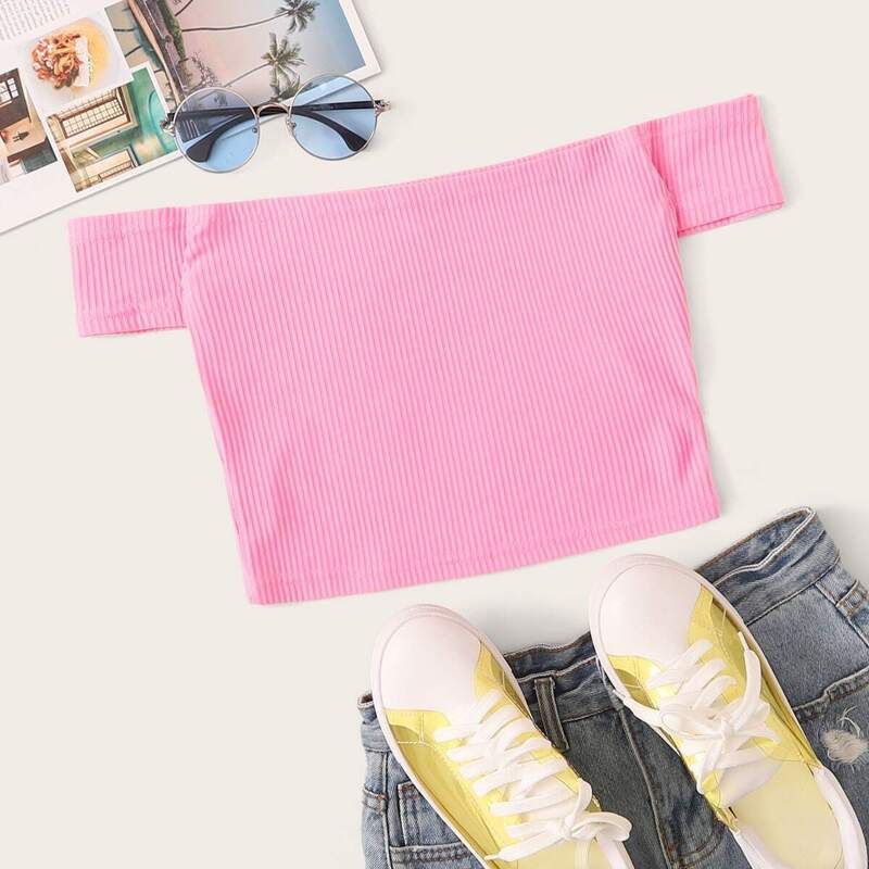 

Ribbed Off Shoulder Crop Tee, Pink