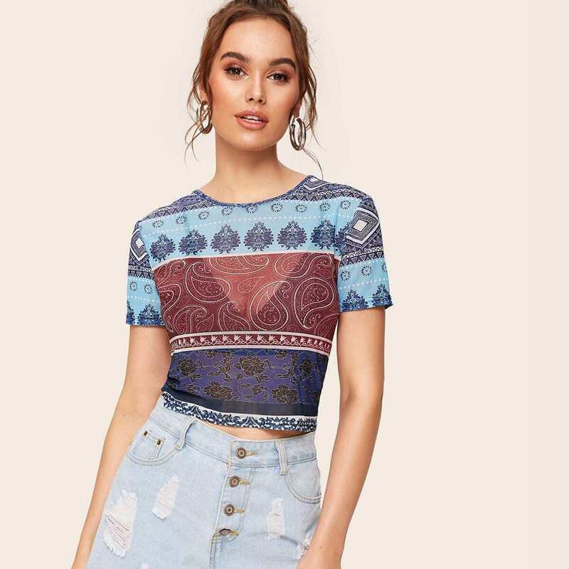 

Mesh Tribal Print Sheer Tee Without Bra, Multicolor