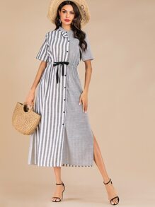 Striped Drawstring Waist Split Side Shirt Dress