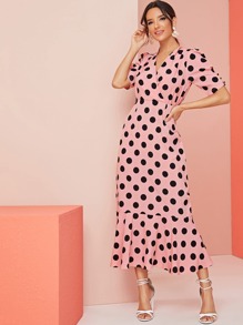 Polka Dot Surplice Front Ruffle Hem Dress