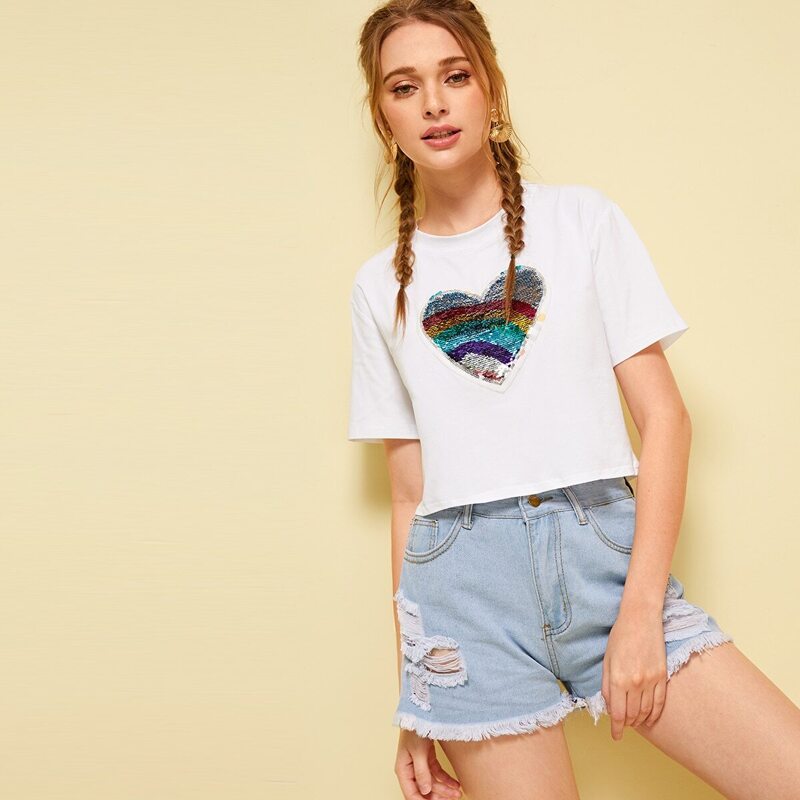 

Contrast Colorful Sequin Heart Tee, White