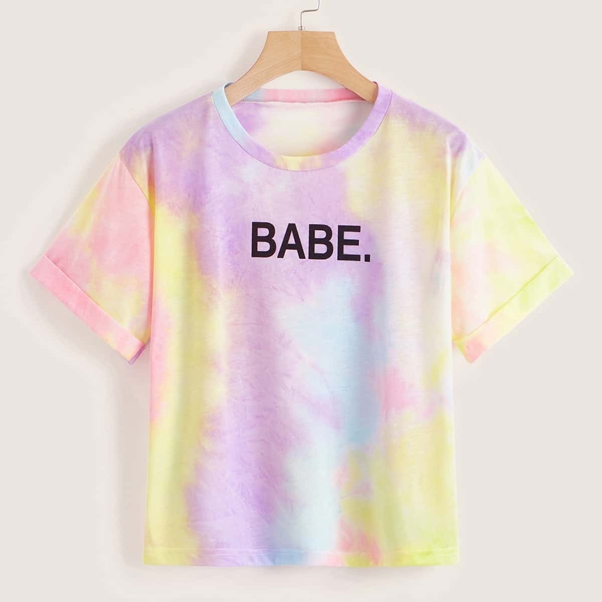 

Letter Print Tie Dye Tee, Multicolor
