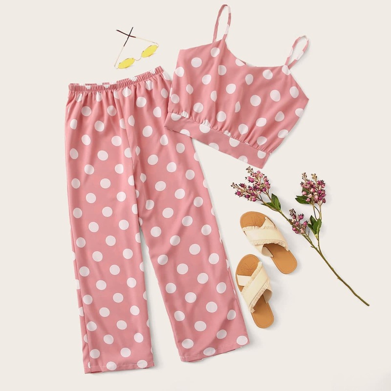 

Polka Dot Print Tie Back Cami Top With Pants, Pink