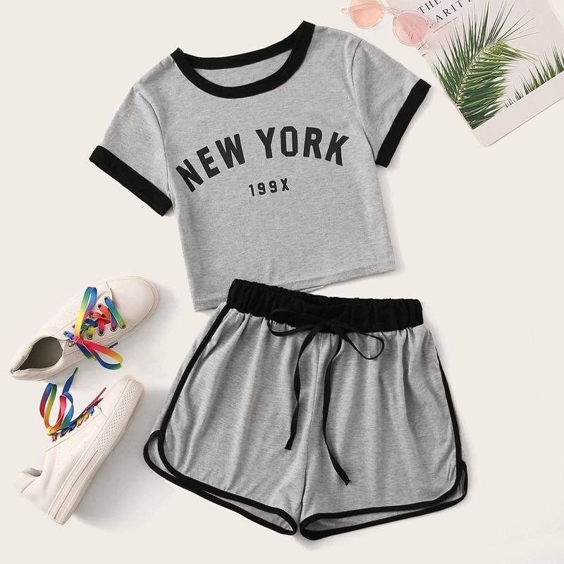 

Letter Print Contrast Binding Tee With Track Shorts, Grey