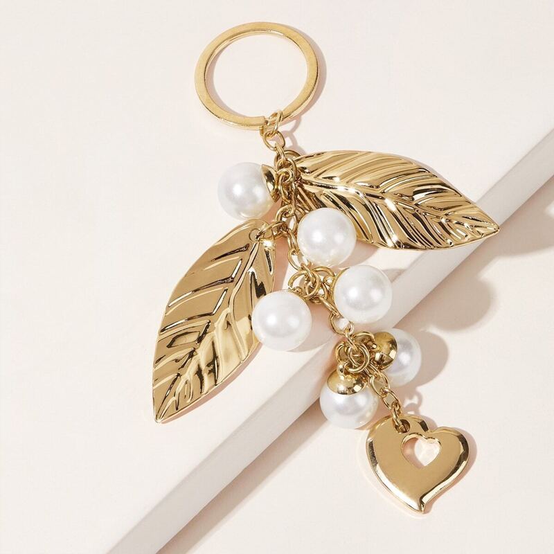 

Leaf & Faux Pearl Charm Keychain, Gold