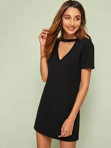 Choker Neck Tee Dress - Black - View 3