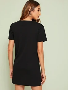 Choker Neck Tee Dress - Black - View 2