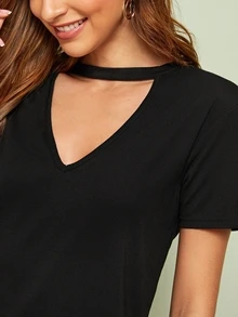 Choker Neck Tee Dress - Black - View 4