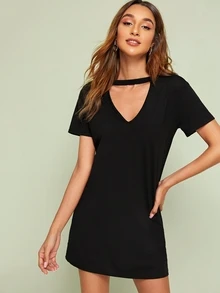 Choker Neck Tee Dress - Black - View 1