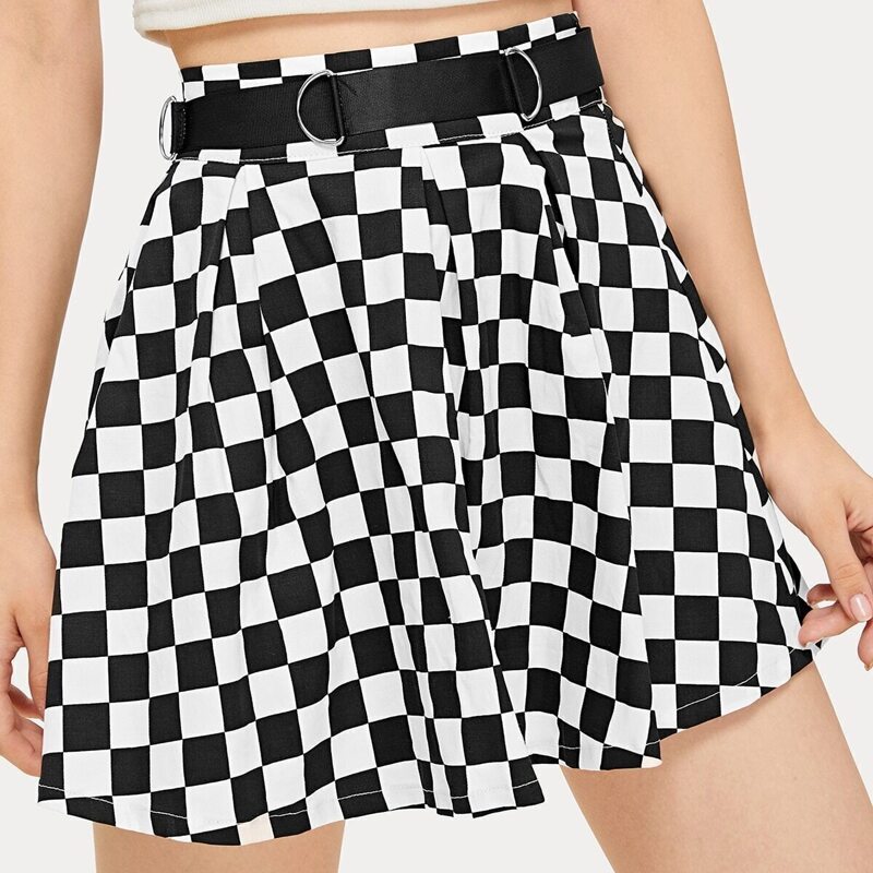 

Check Plaid Zip Side High Waist Skirt Without Belt, Black and white