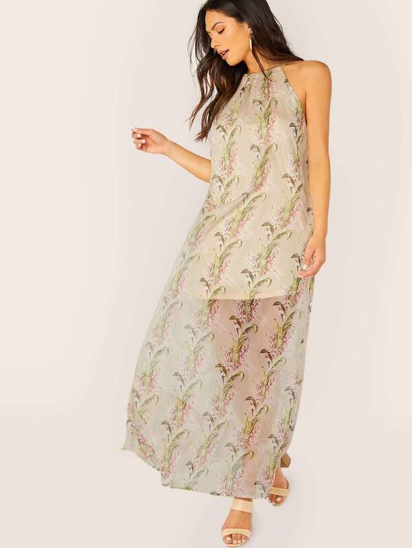 leaf print maxi dress