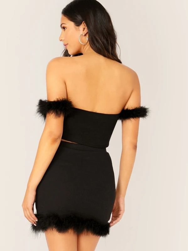 black feather trim mini dress