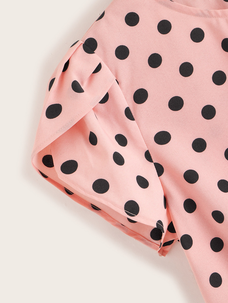 SHEIN Polka Dot Petal Sleeve Tie Hem Top - Coral Pink - View 4