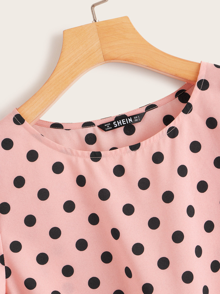 SHEIN Polka Dot Petal Sleeve Tie Hem Top - Coral Pink - View 3