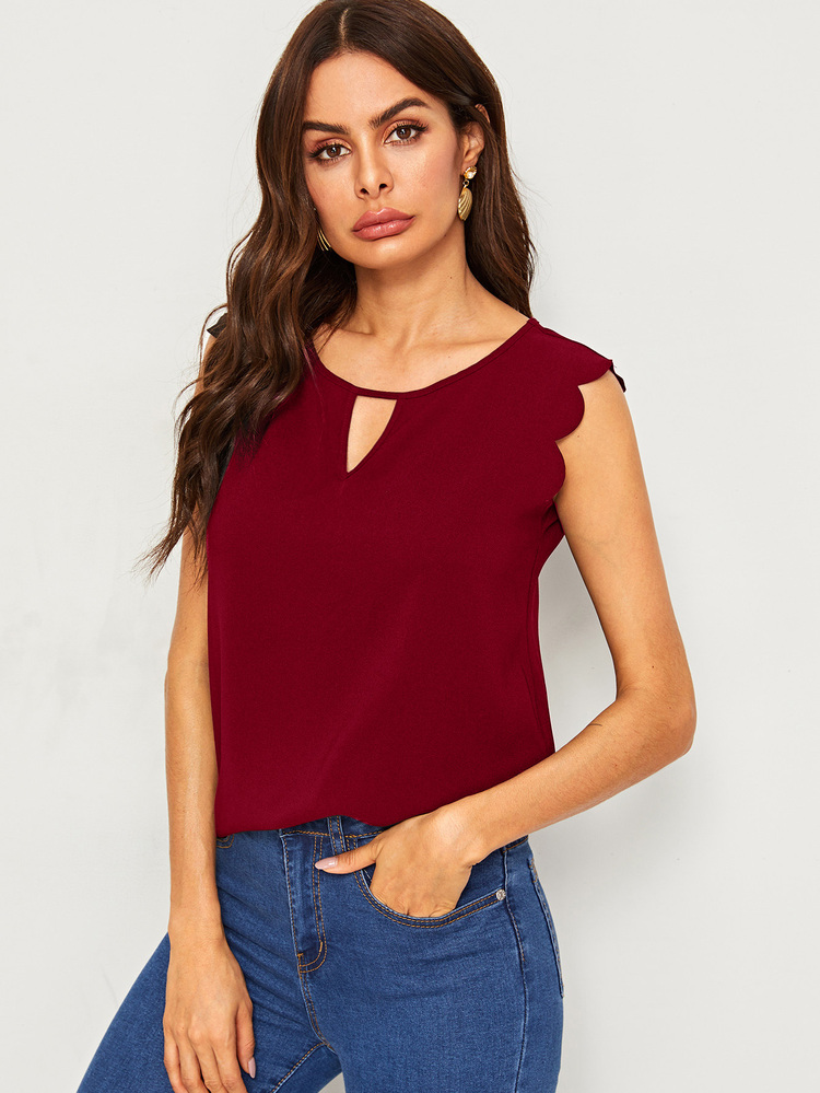 SHEIN Clasi Áo sơ mi Sò điệp màu trơn Burgundy Tao nhã - Màu Đỏ Sâu - Xem 3