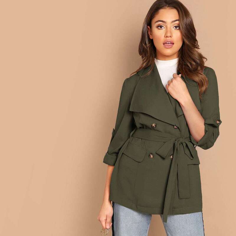 

Waterfall Collar Rolled Tab Sleeve Double Breasted Coat, Army green