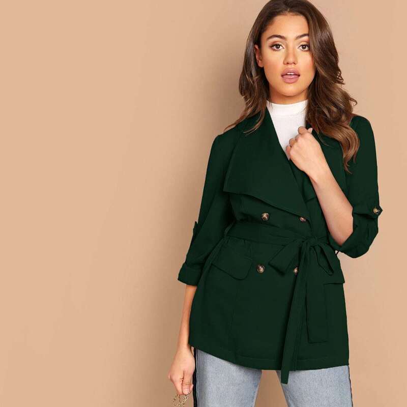 

Waterfall Collar Rolled Tab Sleeve Double Breasted Coat, Green