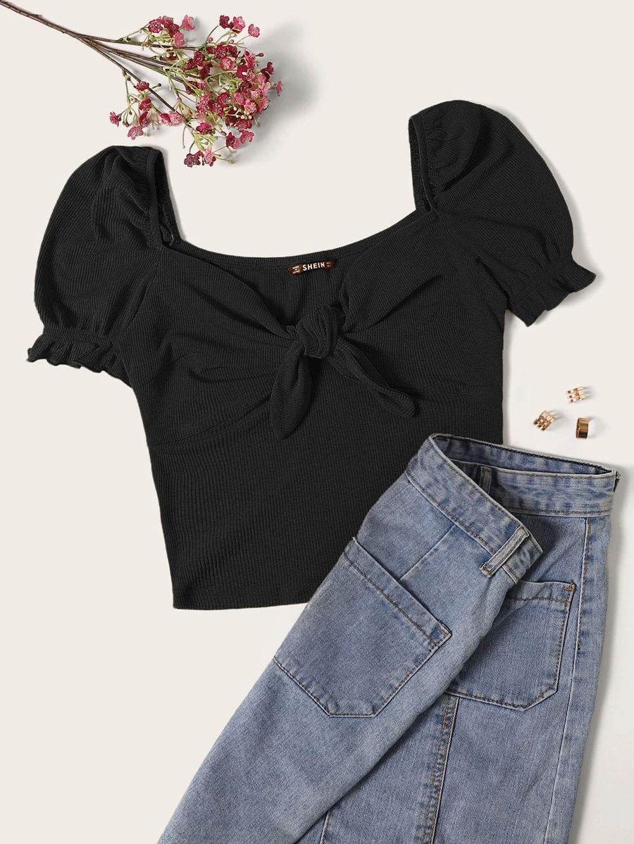 SHEIN Camiseta tejida de canalé de cuello con cordón de puño fruncido - Negro - Ver 1