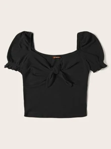 SHEIN Camiseta tejida de canalé de cuello con cordón de puño fruncido - Negro - Ver 5
